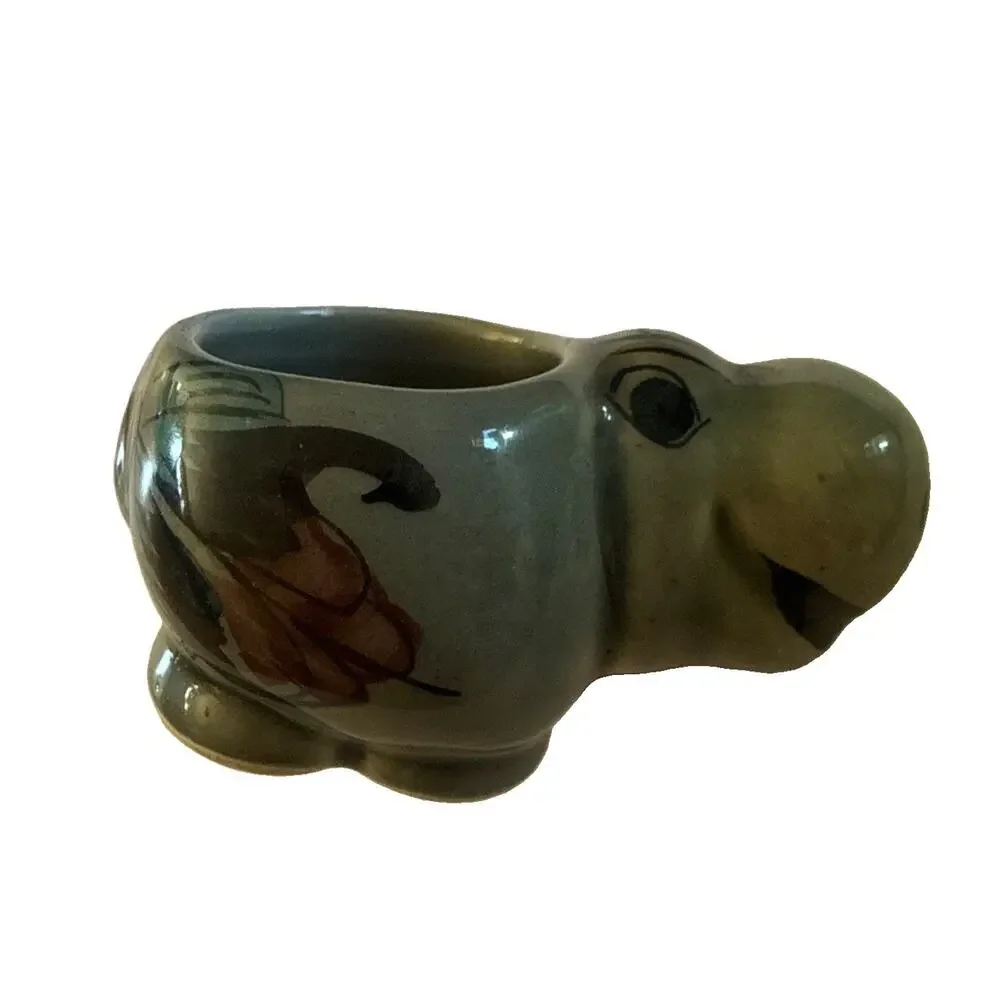 Vintage RS Mexico Ceramic Hippo Planter Figurine Hand Painted Folk Art